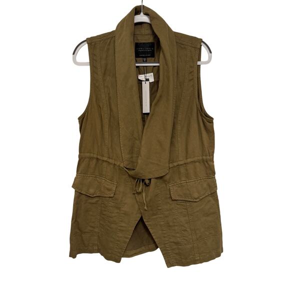 NWT Linen Cotton Sanctuary Sleeveless Army Green Drawstring Vest with Pockets - Picture 2 of 8